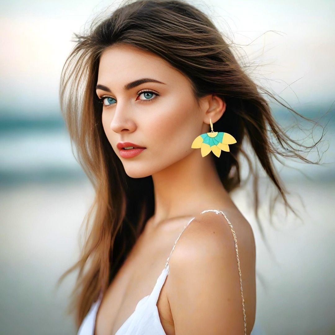 Handmade Leather Turquoise Gold Plumeria Earrings - Anthos Crafts