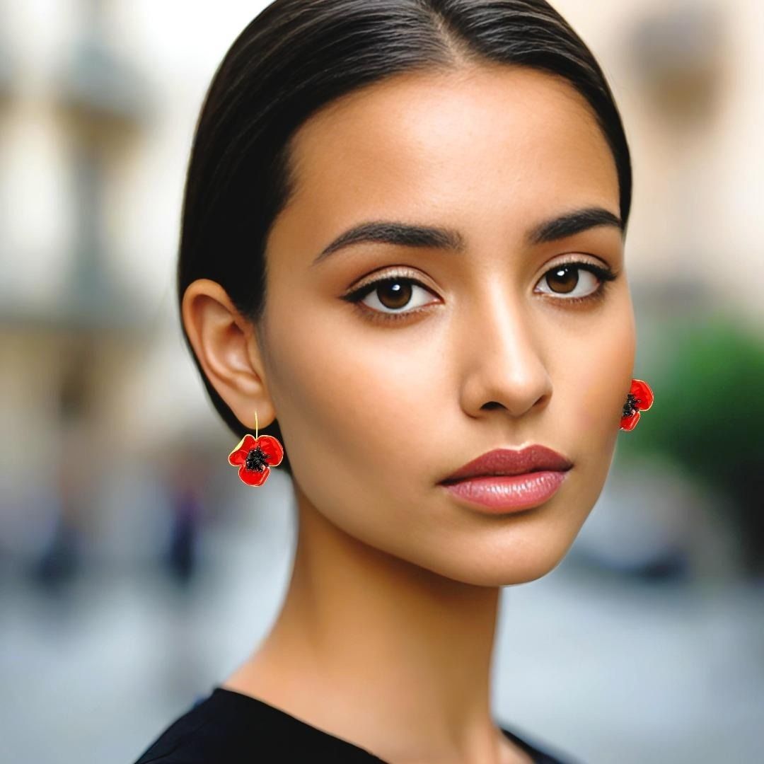 Handmade Gold Plated Red Poppy Drop Earrings - Anthos Crafts