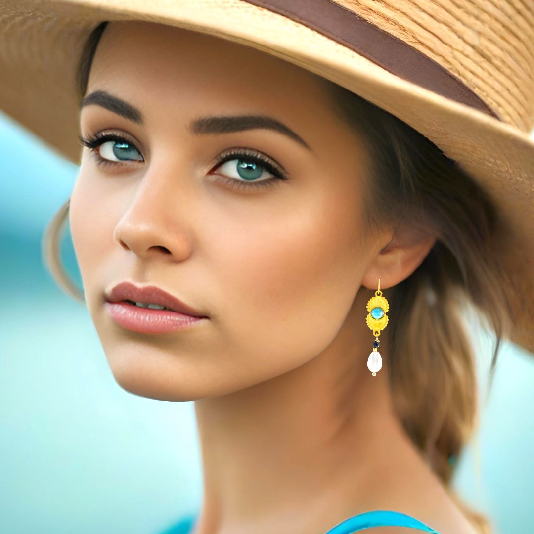 Handmade Gold Plated Silver Drop Earrings Evil Eyes With Amazonite & Pearls - Anthos Crafts