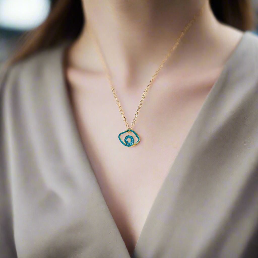 Handmade Gold Plated Silver Short Necklace Light Blue Evil Eye - Anthos Crafts