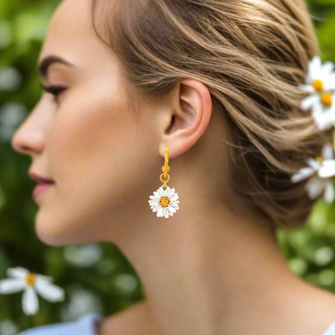 Handmade Gold Plated Silver Daisy Feild Dangle Earrings - Anthos Crafts