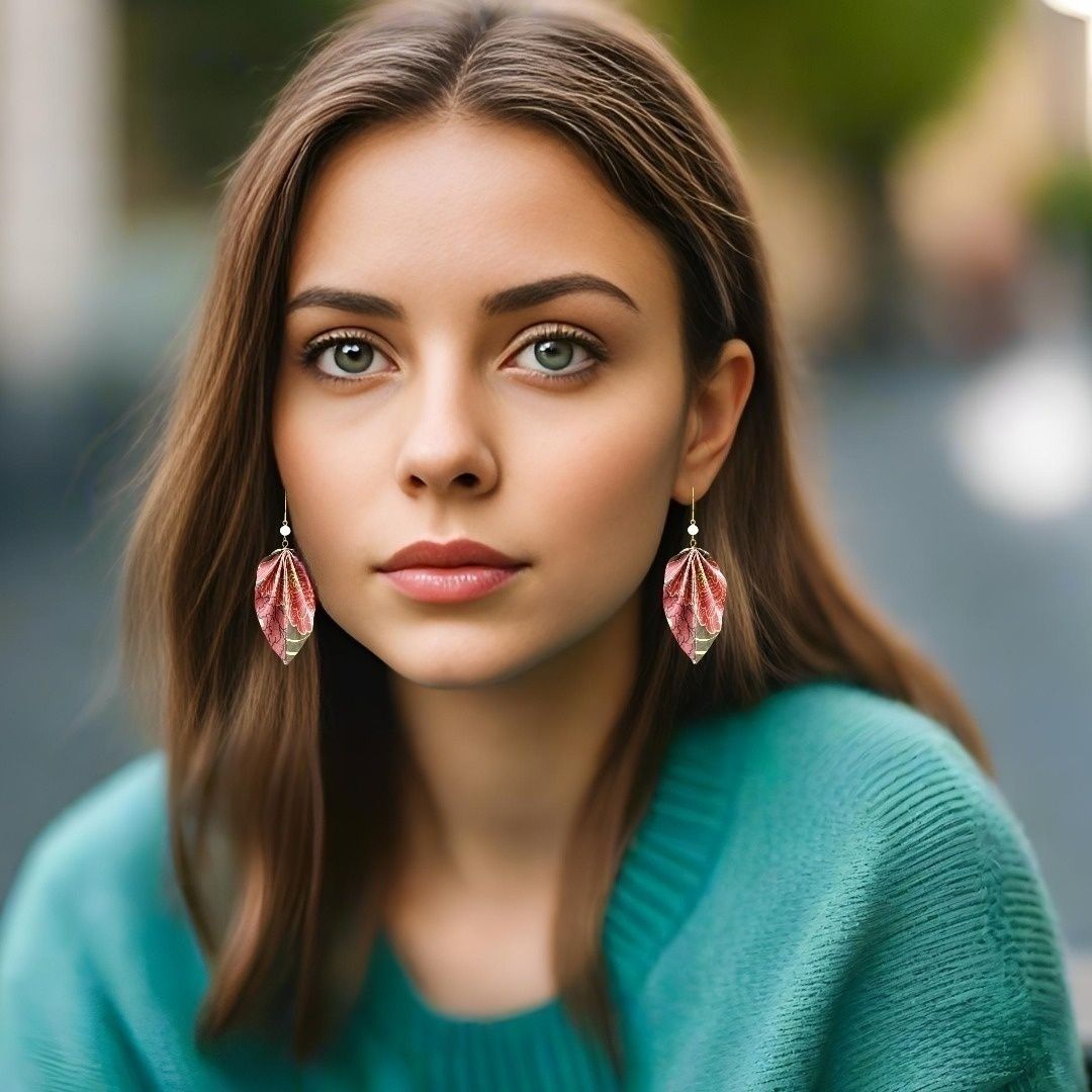 Origami Earrings Cherry Green Leaves With Pearls - Anthos Crafts