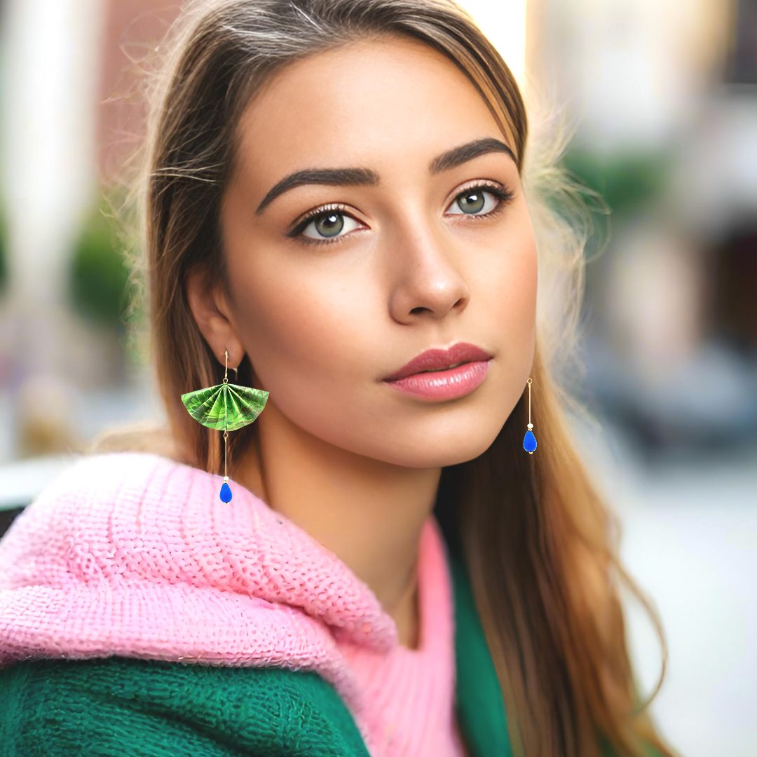 Origami Earrings Green Fans With Gemstones - Anthos Crafts