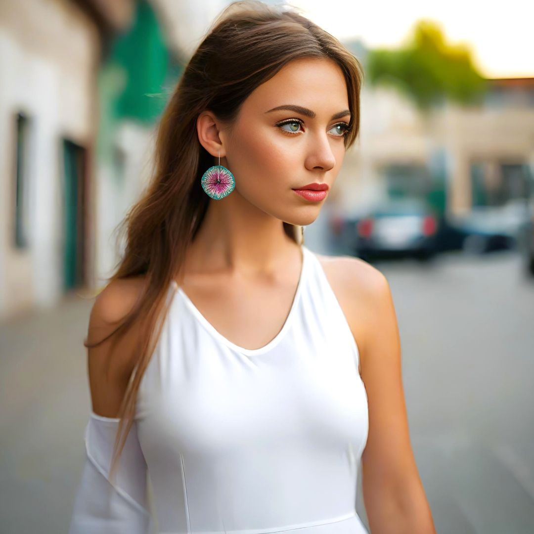 Handmade Flower Earrings Made From Papier-Mâché Turquoise Pink Patina - Anthos Crafts
