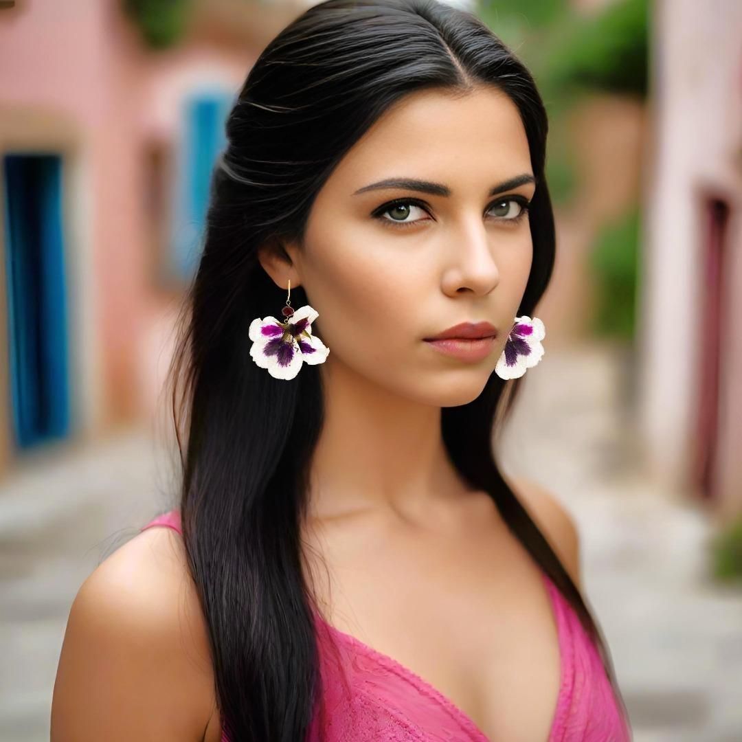 Handmade Gold Plated Silver Pelargonium Flower Dangle Earrings With Swarovski Stones - Anthos Crafts