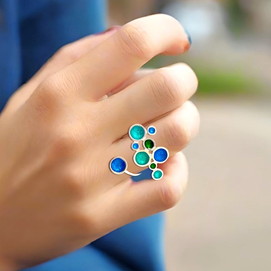 Handmade Silver Enamel Ring Blue, Green &amp; Turquoise Bubbles - Anthos Crafts