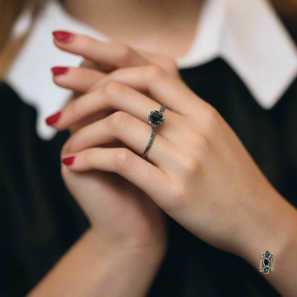 Handmade Black & Gold Plated Ring Diamond Curved With Sky Blue Crystals - Anthos Crafts