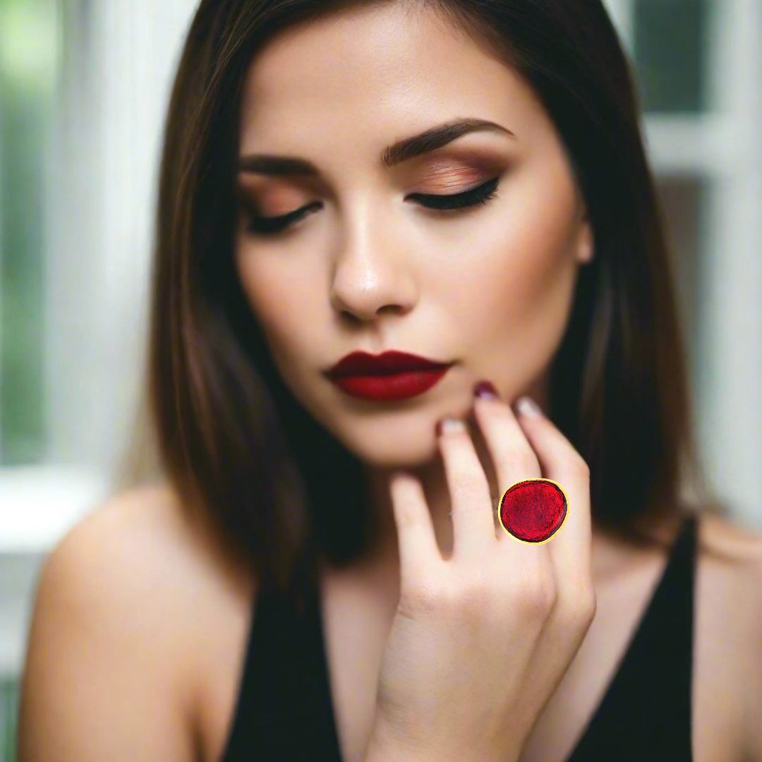 Handmade Gold Plated Silver Enamel Ring Red Pebble - Anthos Crafts