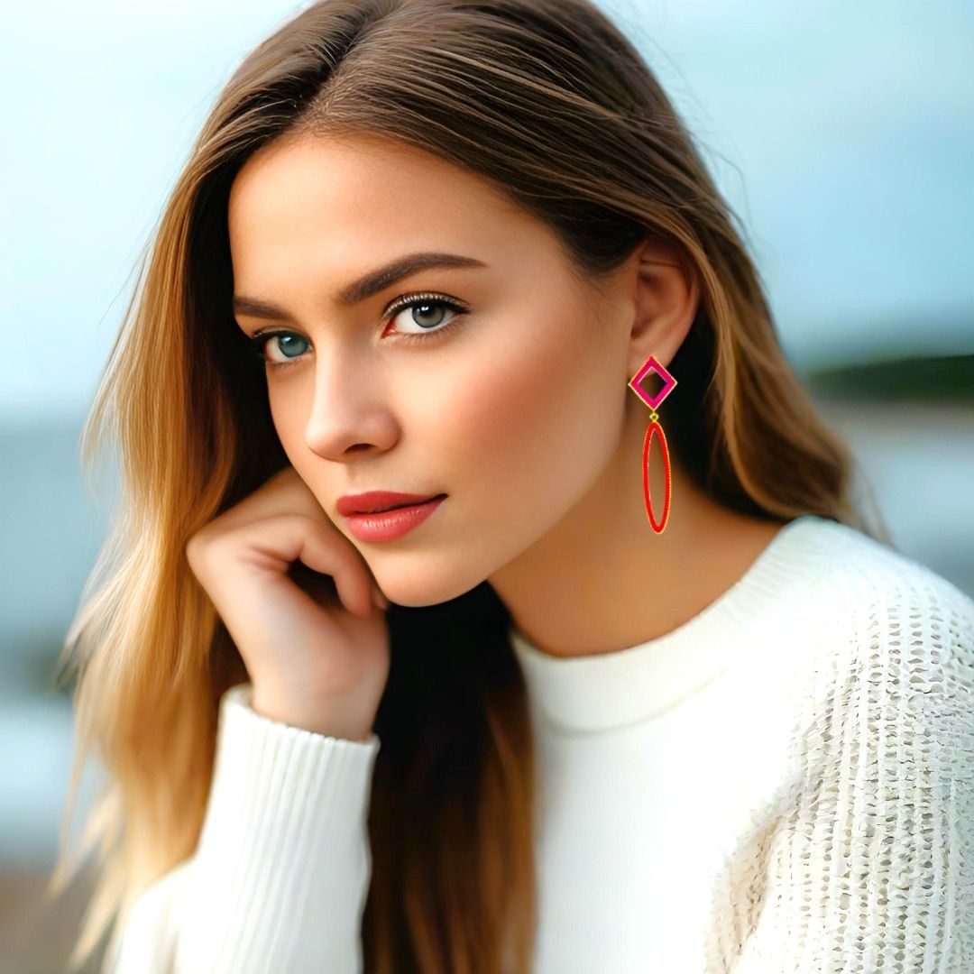 Handmade Gold Plated Silver Dangle Earrings with Red & Fuchsia Enamel - Anthos Crafts