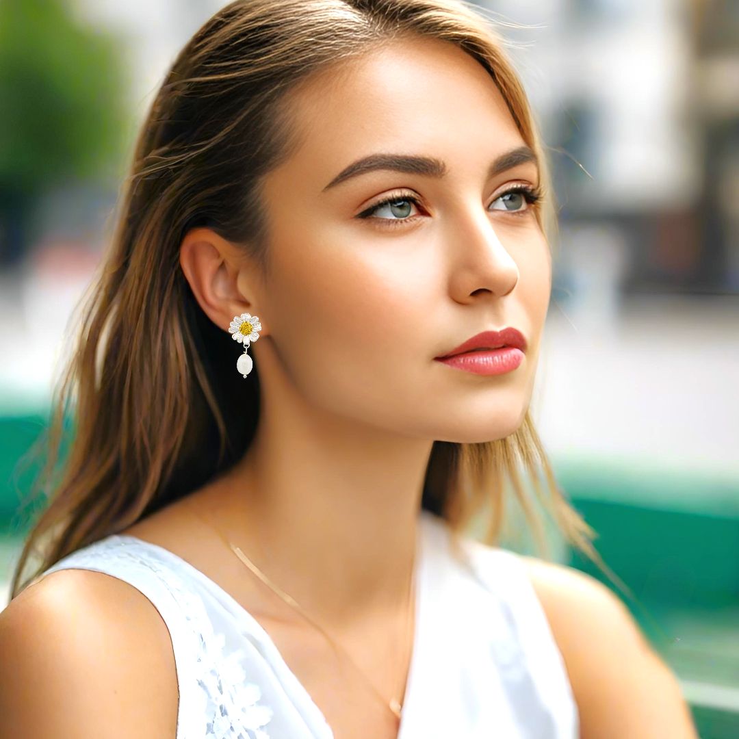 Handmade Gold Plated Silver Daisy Earrings With Pearls Ismini - Anthos Crafts