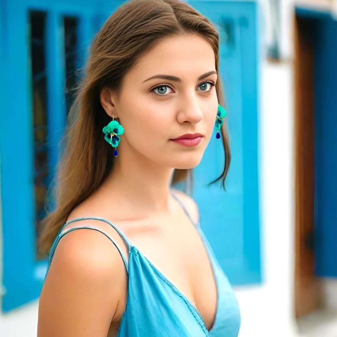 Flower Earrings Green Pansies With Blue Citrines - Anthos Crafts