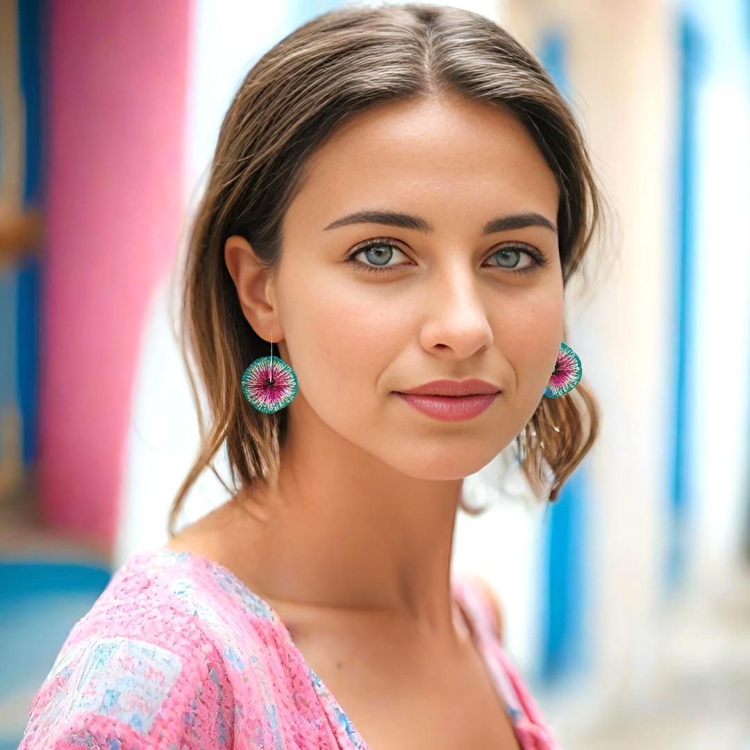 Handmade Flower Earrings Made From Papier-Mâché Turquoise Pink Patina - Anthos Crafts