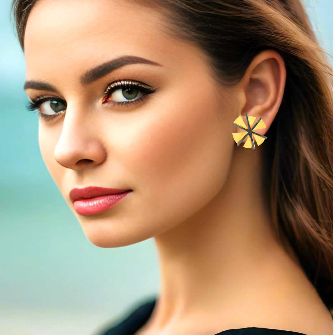 Handmade Gold & Black Plated Silver Stud Earrings Windmills - Anthos Crafts
