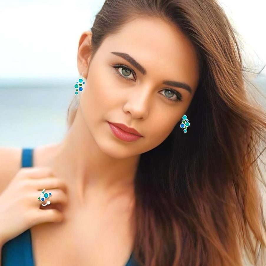 Handmade Silver Enamel Ring Blue, Green &amp; Turquoise Bubbles With Pearls - Anthos Crafts