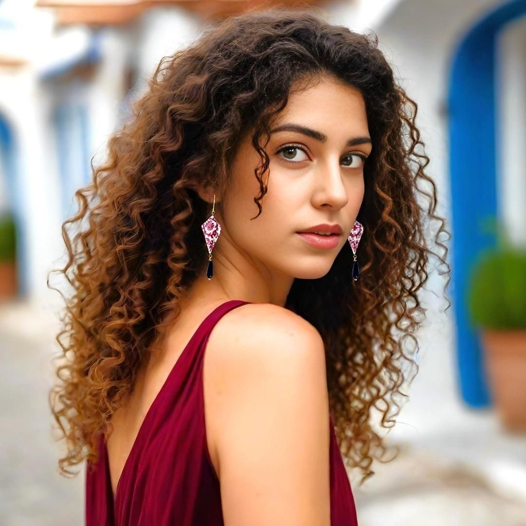 Origami Earrings Cherry Red Diamonds With Gemstones - Anthos Crafts