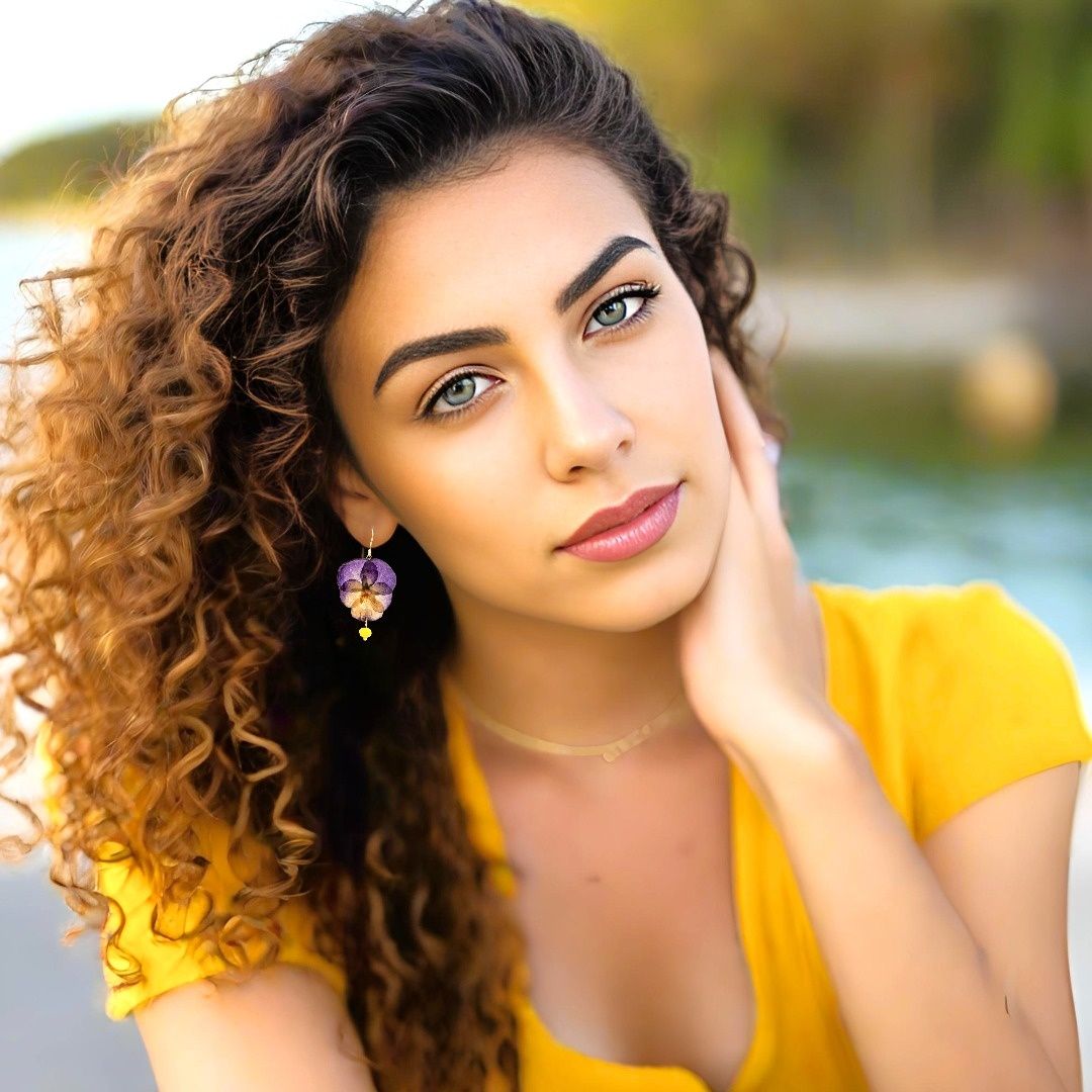 Flower Purple Pansy Dangle Earrings With Swarovski Stones - Anthos Crafts