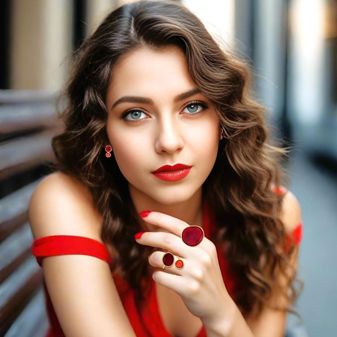 Handmade Gold Plated Silver Stud Earrings with Red & Orange Enamel Pebbles - Anthos Crafts