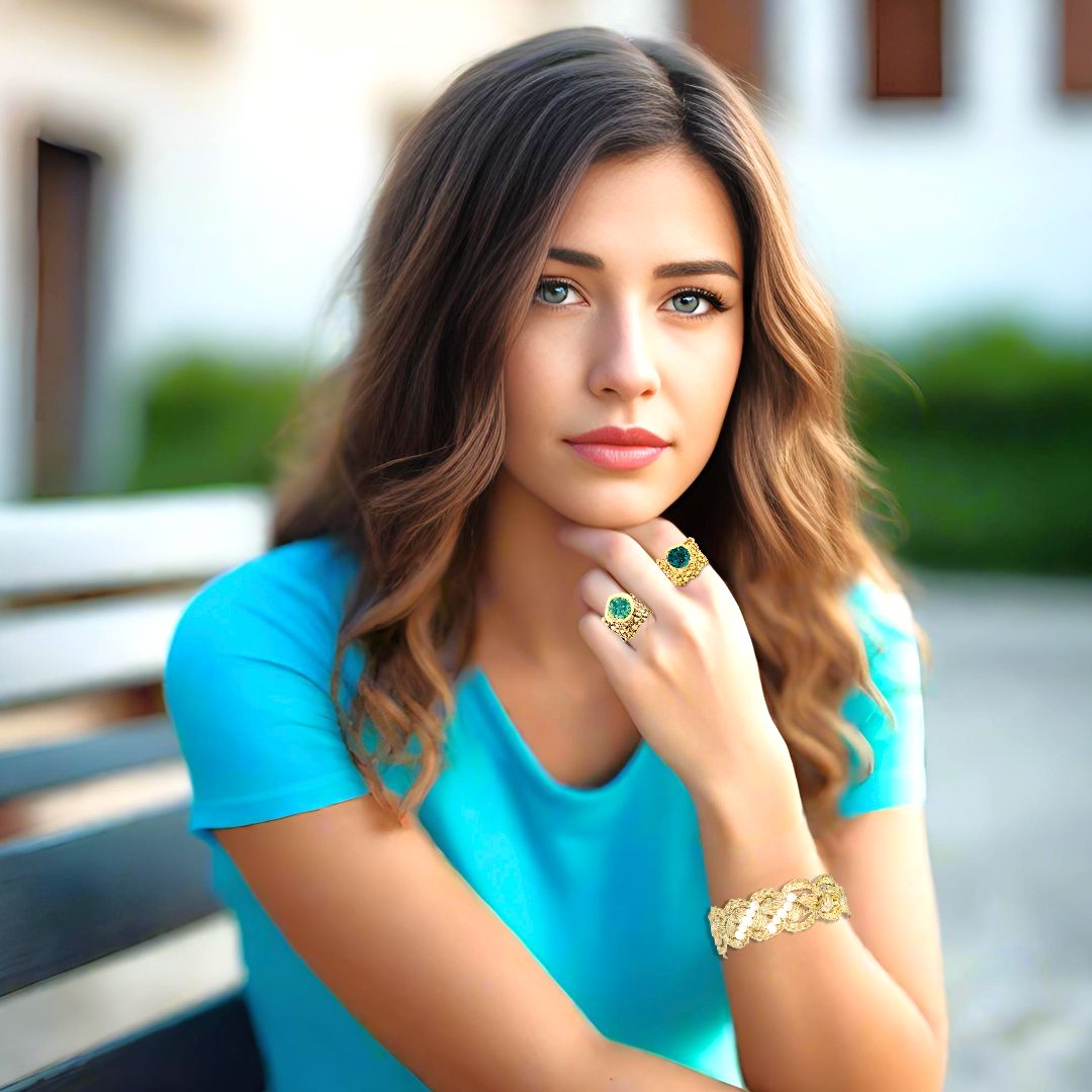 Handmade Gold Plated Ring Diamond Curved With Turquoise Crystals - Anthos Crafts