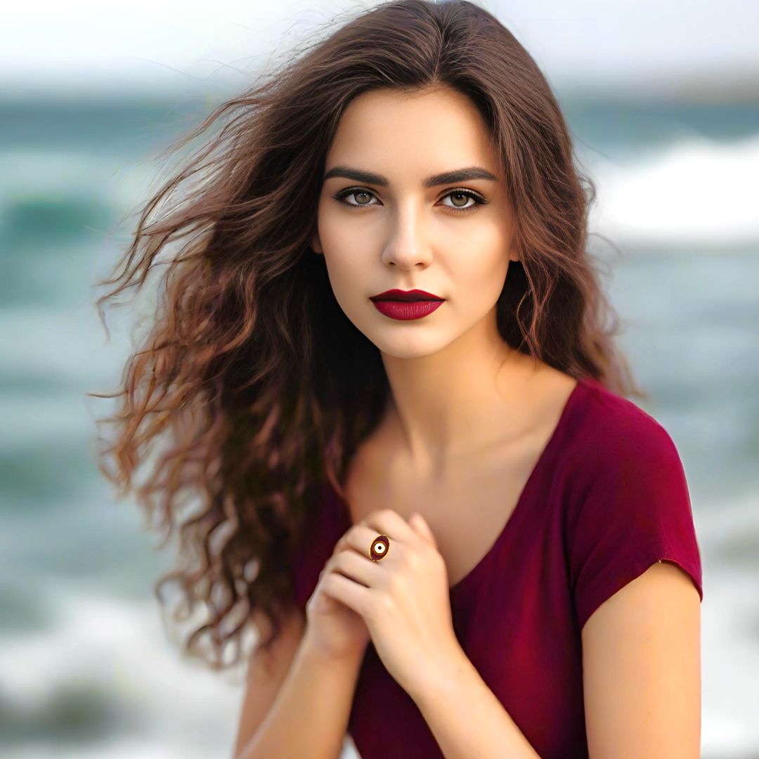 Handmade Gold Plated Silver Ring With A Burgundy Chestnut Enamel Evil Eye - Anthos Crafts