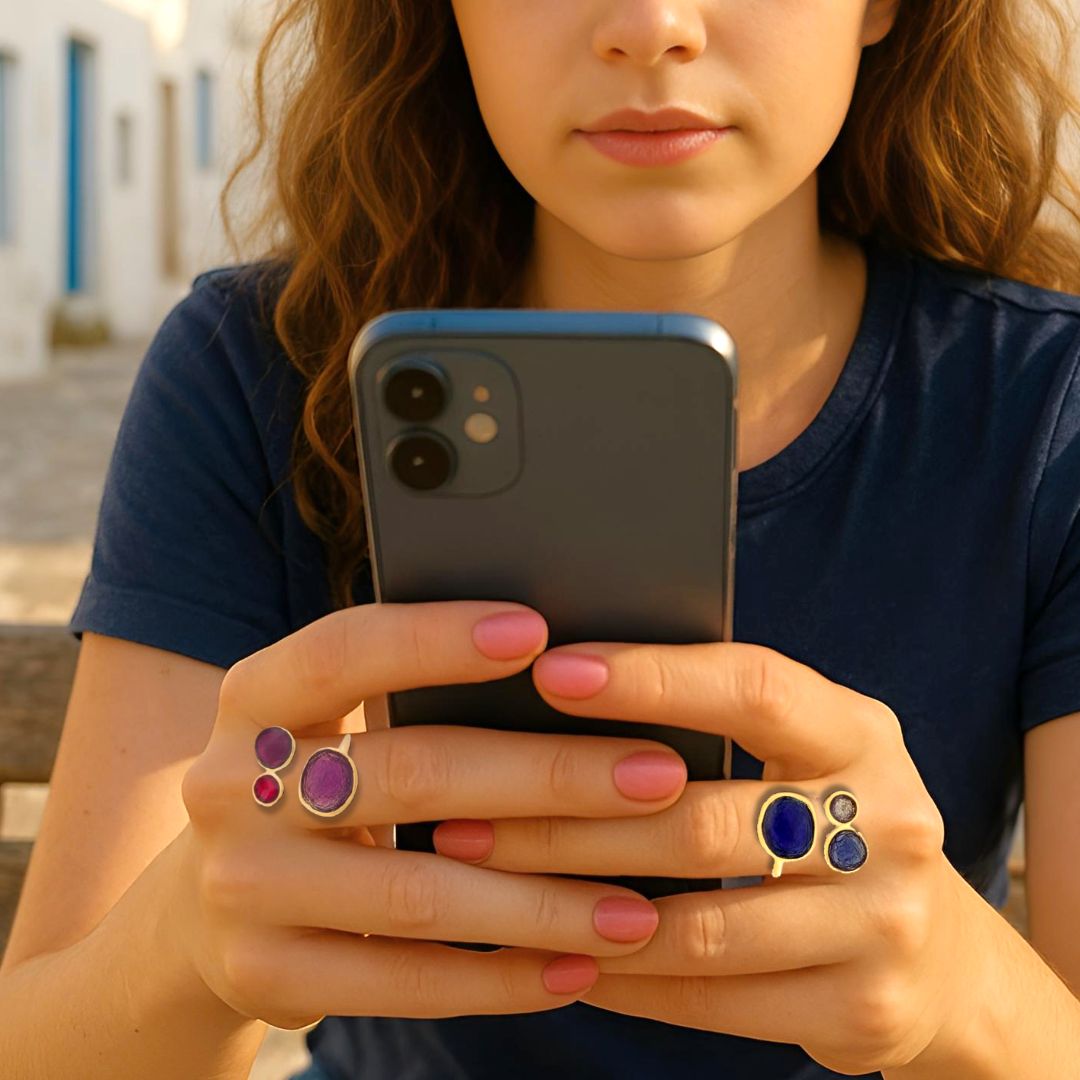 Handmade Gold Plated Silver Enamel Ring Blue Shades Pebbles - Anthos Crafts