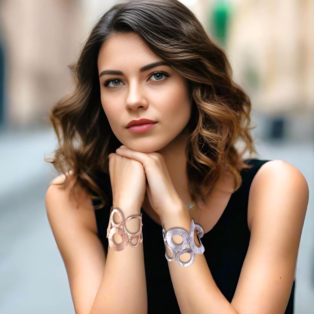 Handmade Leather Sparkling Silver Gray Rings Bracelet - Anthos Crafts