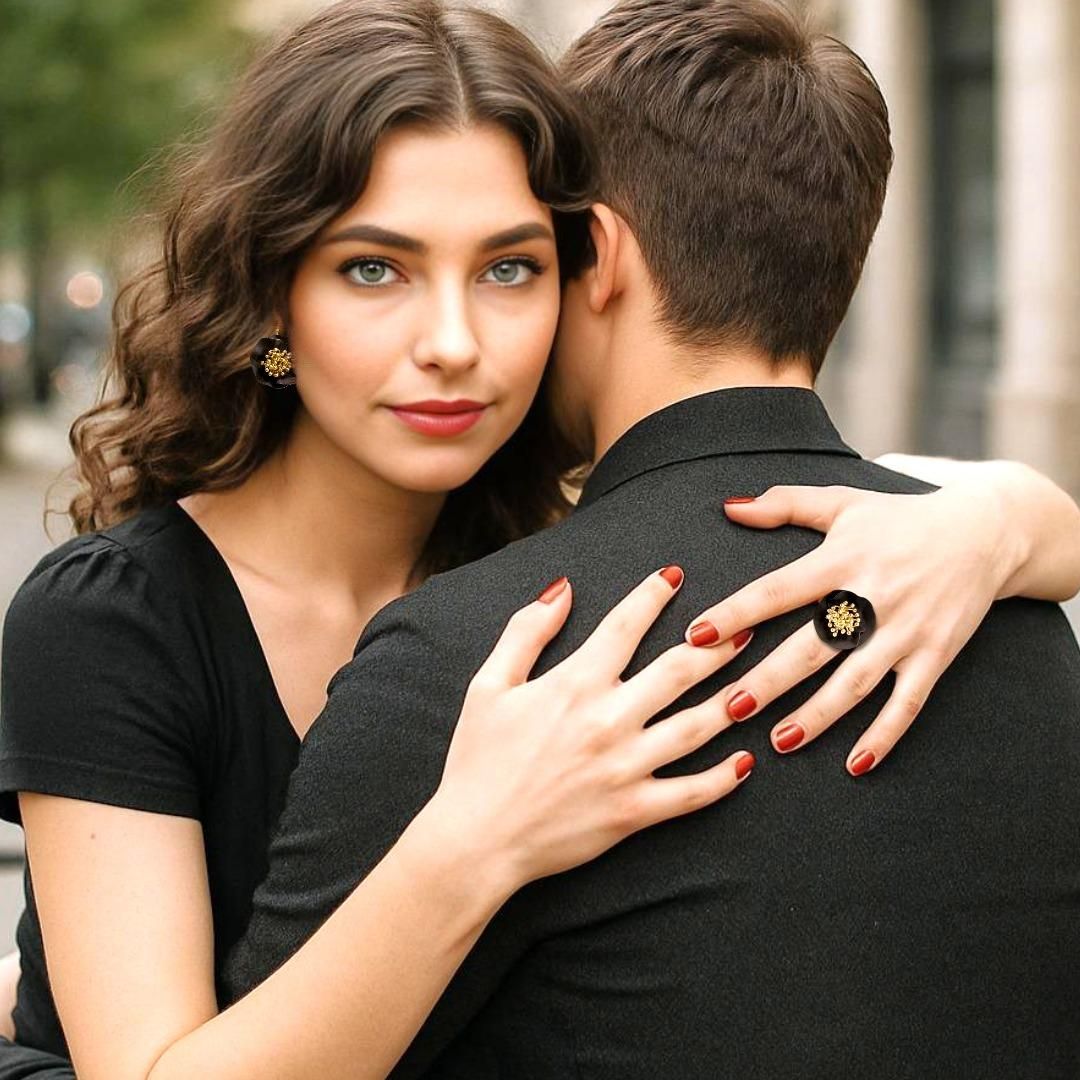 Handmade Gold Plated Silver Black Flower Ring - Anthos Crafts