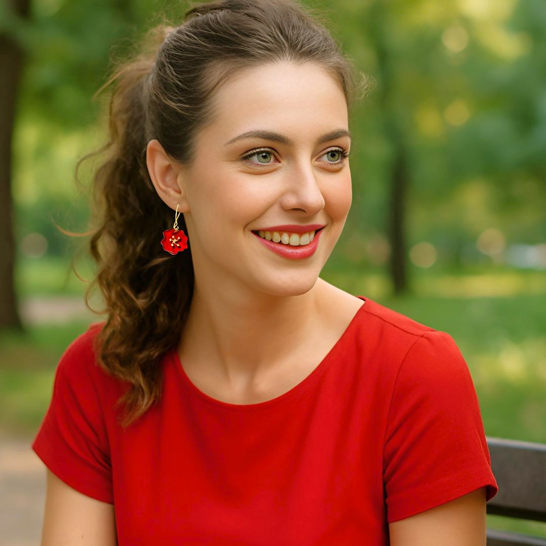 Handmade Gold Plated Silver Red Begonia Flower Dangle Earrings - Anthos Crafts