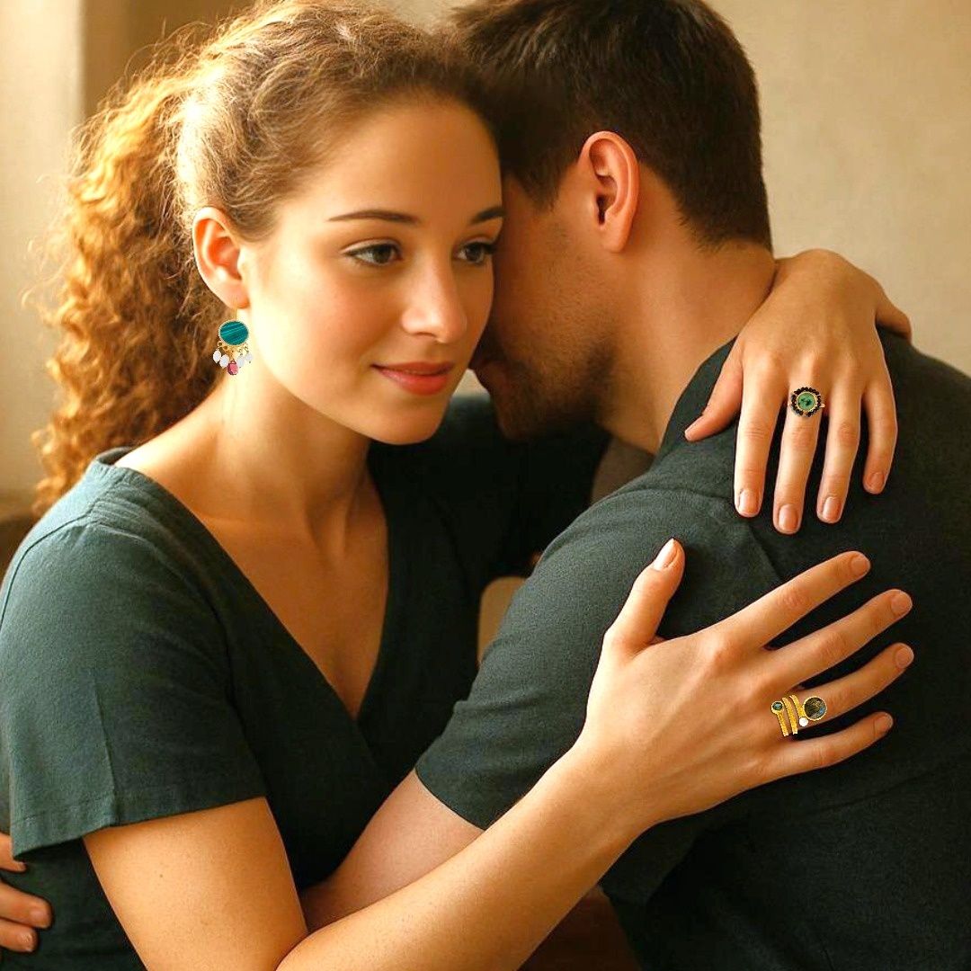 Handmade Gold Plated Silver Drop Earrings With Malachite, Pearls & Garnets - Anthos Crafts