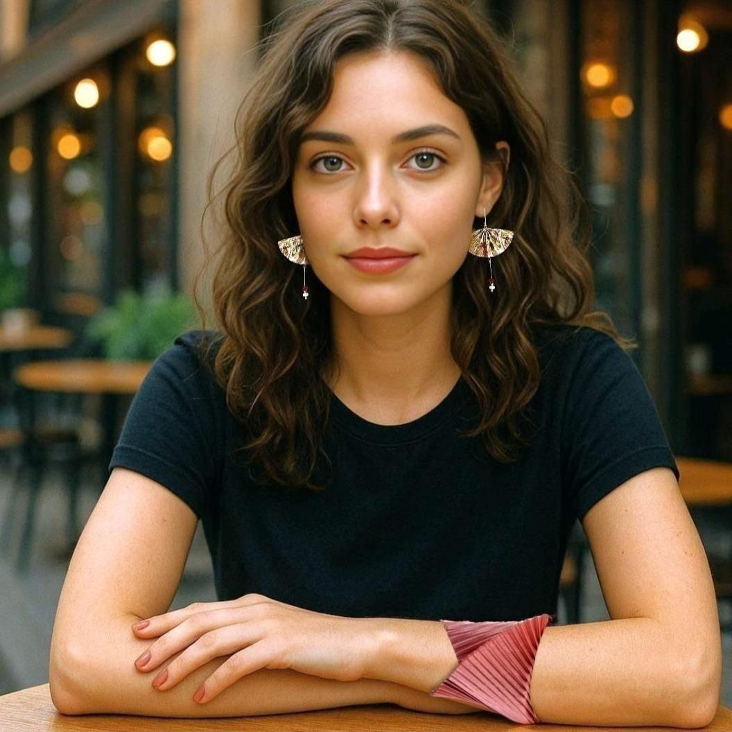 Origami Earrings Ecru Green Fans With Freshwater Pearls - Anthos Crafts