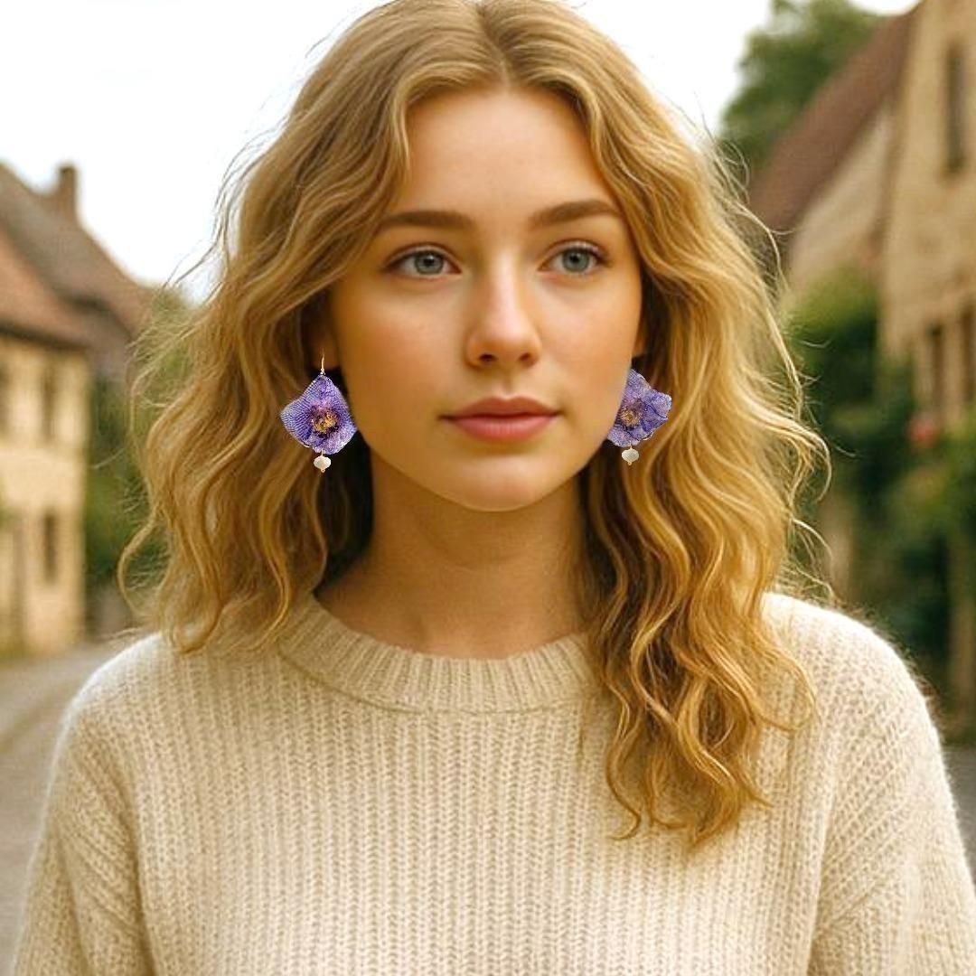 Flower Earrings Made From Purple Primula Petals - Anthos Crafts