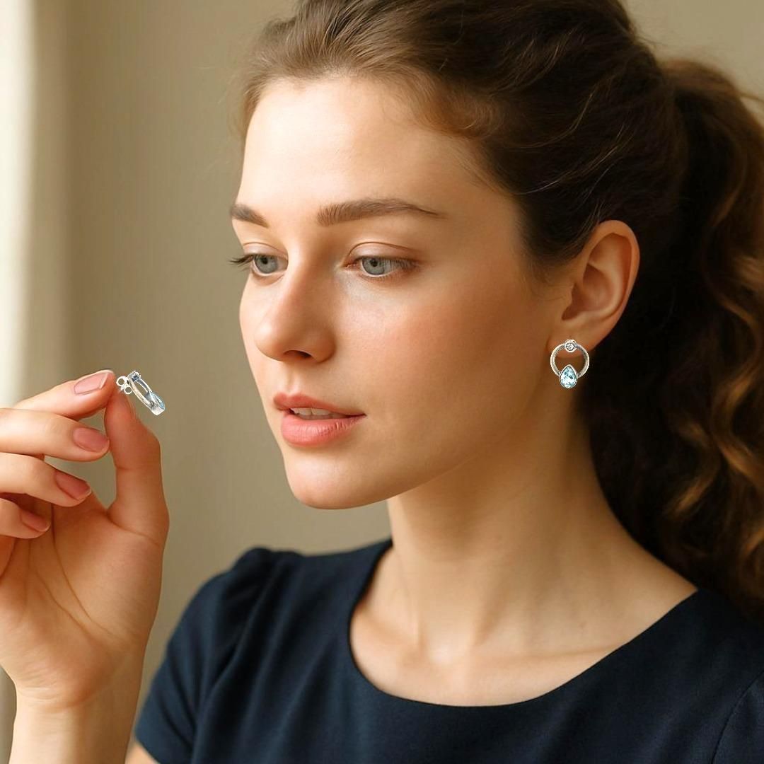 Handmade Dark Silver Stud Earrings Little Circles With Sky Blue Topaz - Anthos Crafts