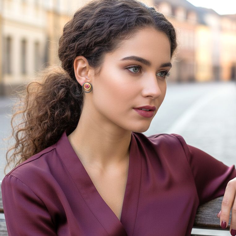 Handmade Gold & Black Plated Silver Stud Earrings Double Circles With Red Zircons - Anthos Crafts