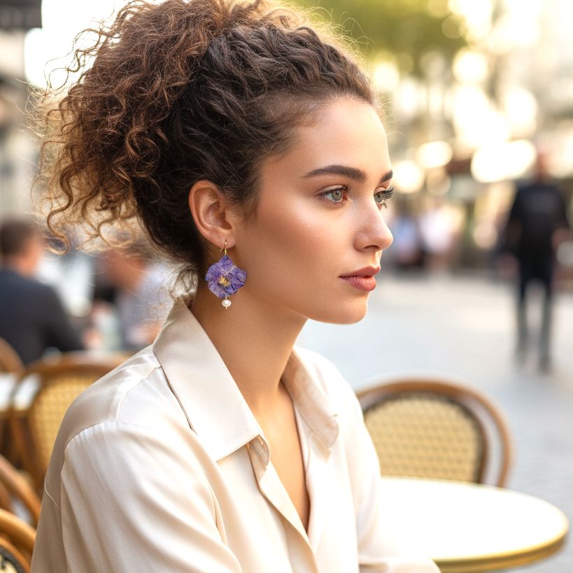 Flower Earrings Made From Purple Primula Petals - Anthos Crafts
