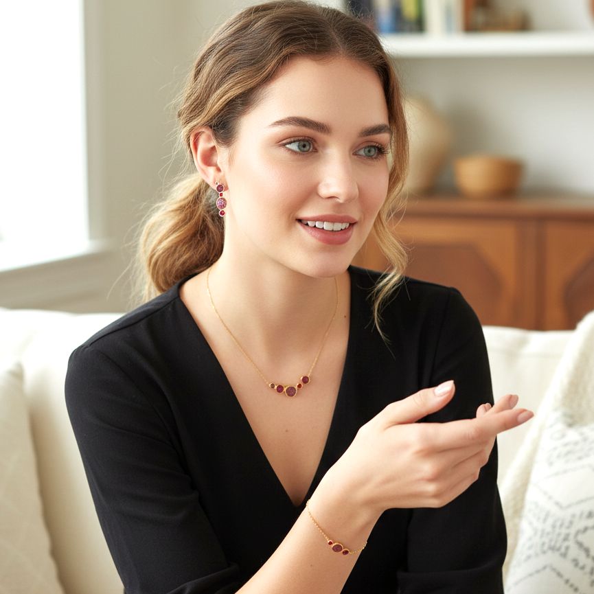 Collana in argento placcato oro fatta a mano con ciondolo in smalto con sfumature rosse 5 Pebbles
