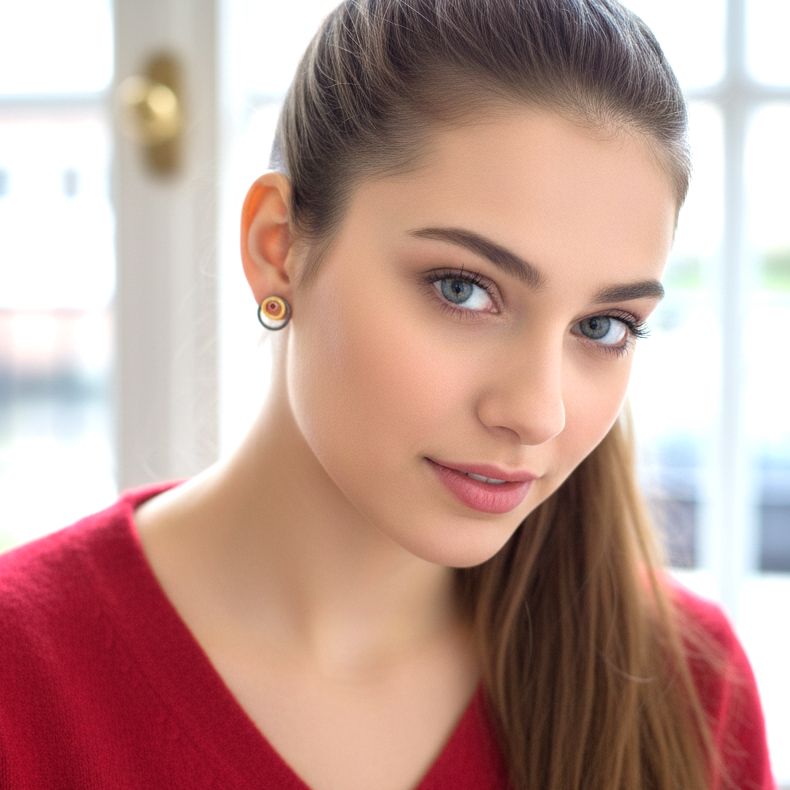 Handmade Gold & Black Plated Silver Stud Earrings Double Circles With Red Zircons - Anthos Crafts