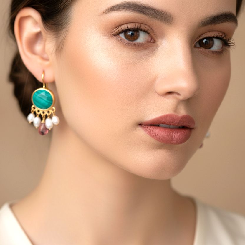 Handmade Gold Plated Silver Drop Earrings With Malachite, Pearls & Garnets - Anthos Crafts