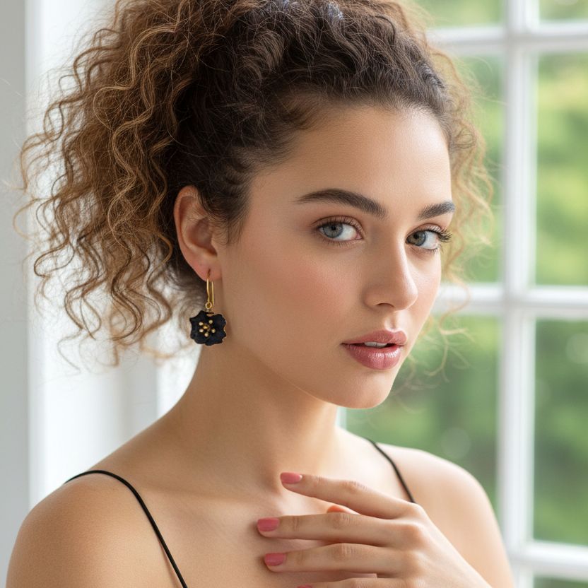 Χειροποίητα Κρεμαστά Επίχρυσα Ασημένια Σκουλαρίκια Μαύρα Λουλούδια Μπιγκόνιες από Ορείχαλκο