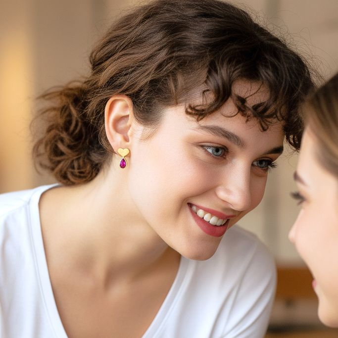 Handmade Gold Plated Silver Stud Earrings With Heart &amp; Tear With Red Zircon - Anthos Crafts