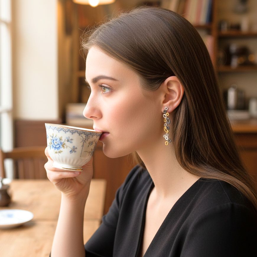 Handmade Gold, Black & Silver Long Earrings With Little Circles - Anthos Crafts