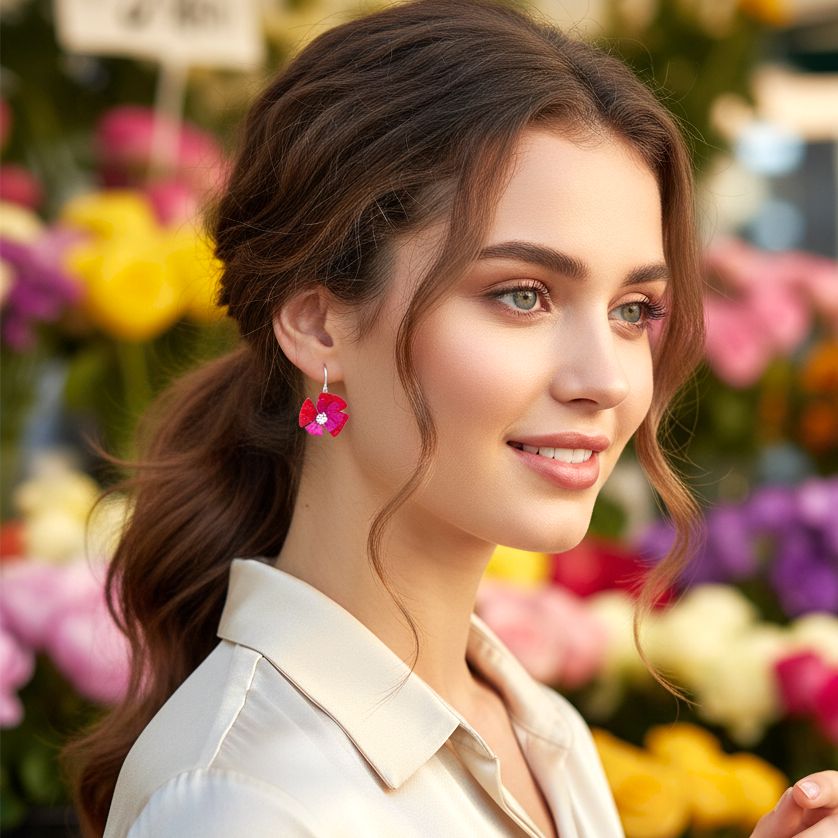 Χειροποίητα Ασημένια Κρεμαστά Σκουλαρίκια Κόκκινα Φούξια Λουλούδια