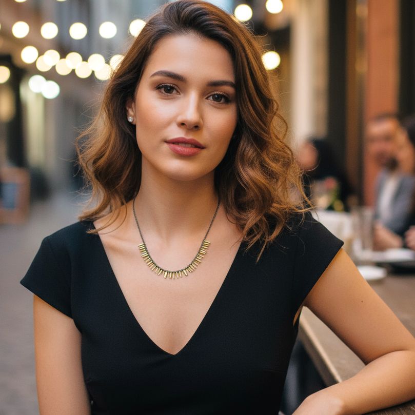 Handmade Short Black Necklace With Gold Plated Silver Elements & Hematite Stones - Anthos Crafts