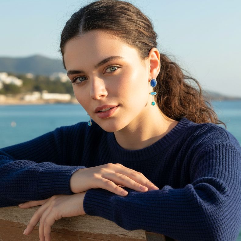 Handmade Silver Drop Earrings with Shades Of Blue &amp; Turquoise Enamel Pebbles - Anthos Crafts