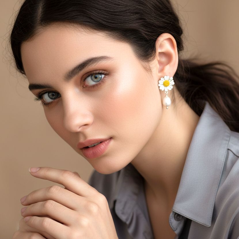 Handmade Gold Plated Silver Daisy Earrings With Pearls Ismini - Anthos Crafts