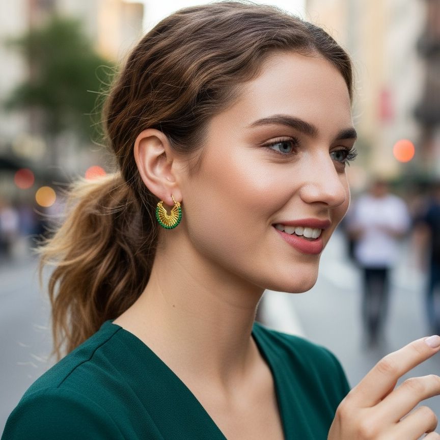 Orecchini placcati oro fatti a mano con gemme verde Small Waves