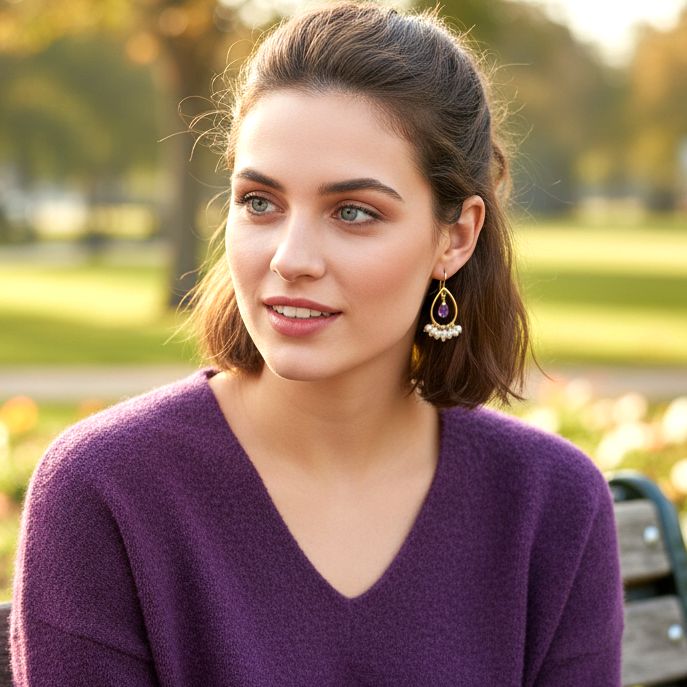 Handmade Gold Plated Silver Drop Earrings With Amethyst &amp; Pearls - Anthos Crafts