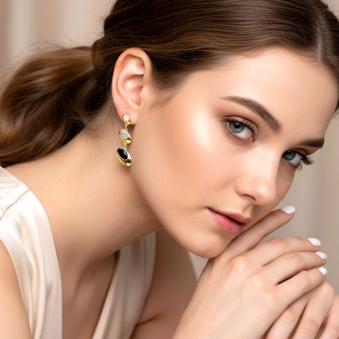 Handmade Gold Plated Silver Dangle Earrings with Black & Gray Enamel - Anthos Crafts