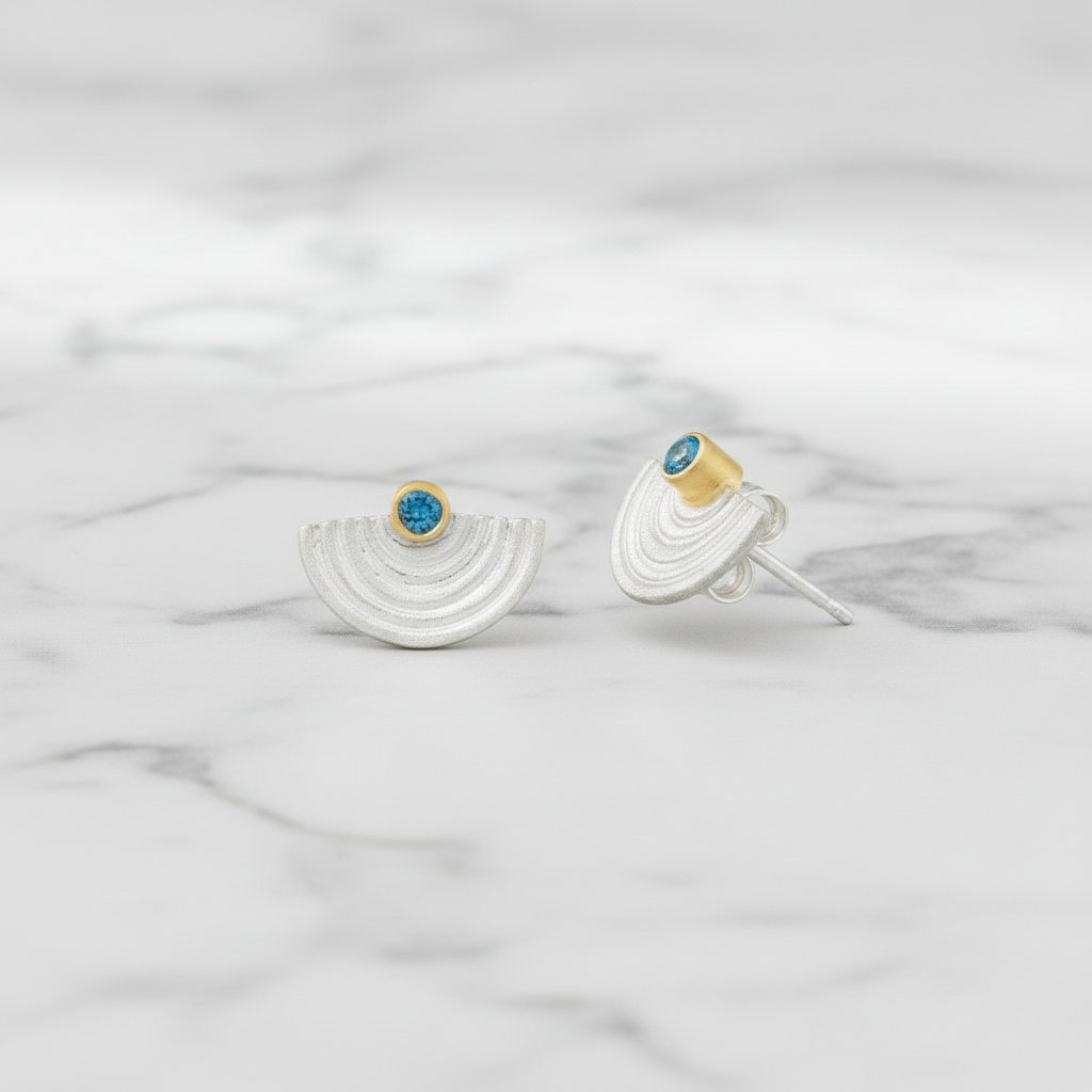 Handmade Gold &amp; Silver Stud Earrings With Blue Zircons