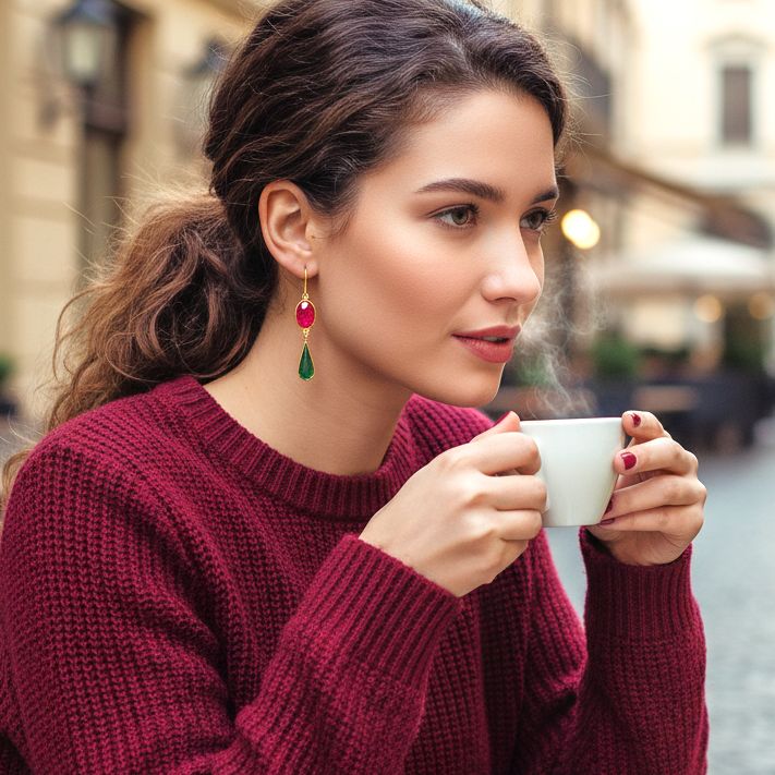 Handmade Gold Plated Silver Lacrima Earrings With Fucsia Jade & Green Enamel - Anthos Crafts