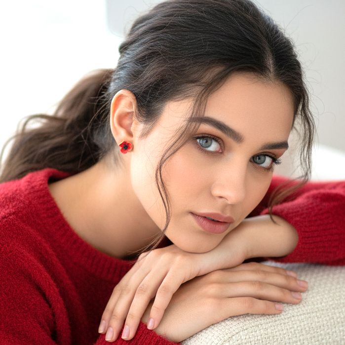 Handmade Gold Plated Red Poppy Stud Earrings - Anthos Crafts