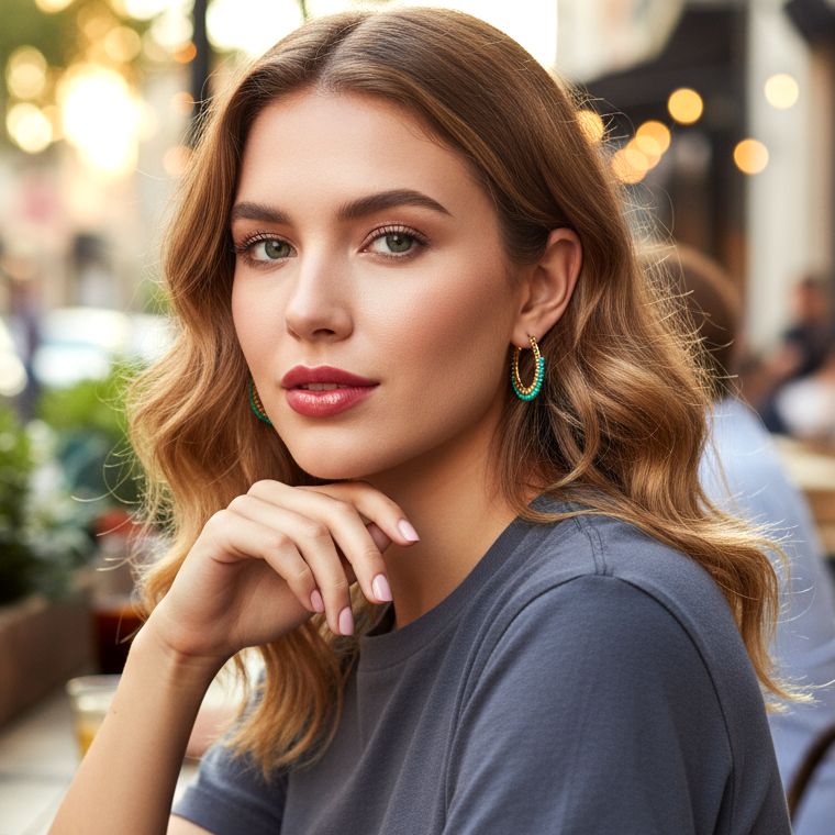 Handmade Gold Plated Silver Hoop Earrings With Green Agate - Anthos Crafts